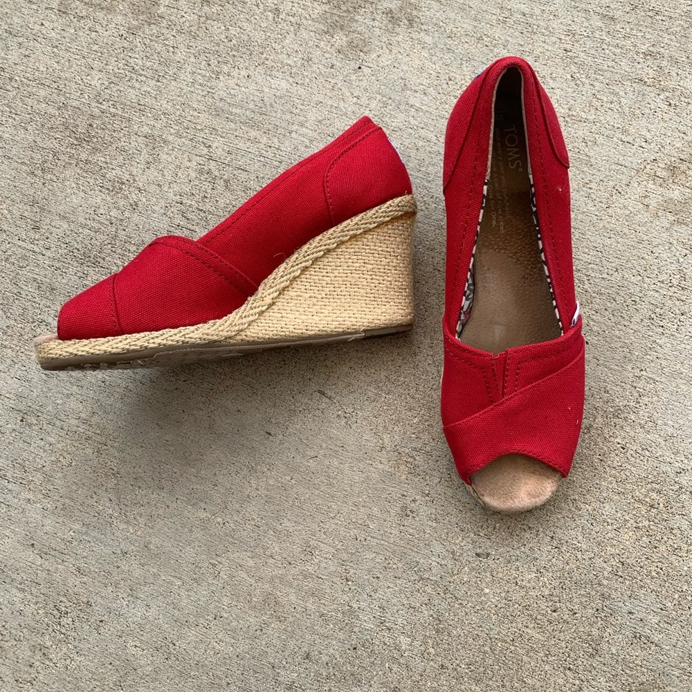 Toms Stella Red Peep Toe Jute Espadrille Wedge Slip-On Heels Women's 8.5